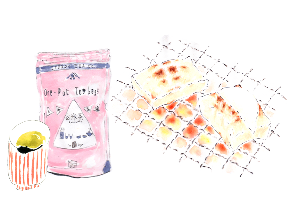 Yaki mochi with One-Pot Teabag Genmaicha