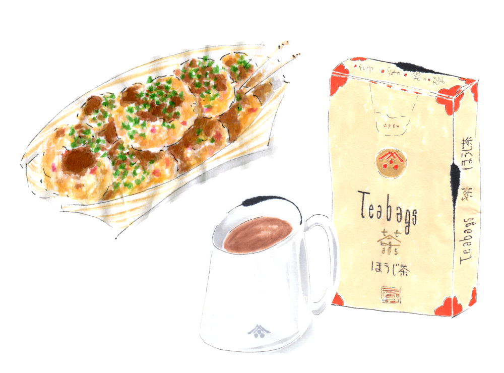 <em>Takoyaki</em> with One-Cup Teabag Hojicha