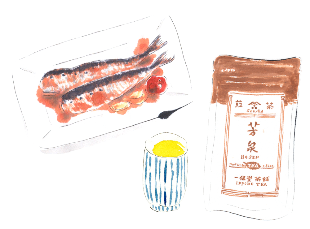 Sardines simmered with pickled ume with Hosen Sencha