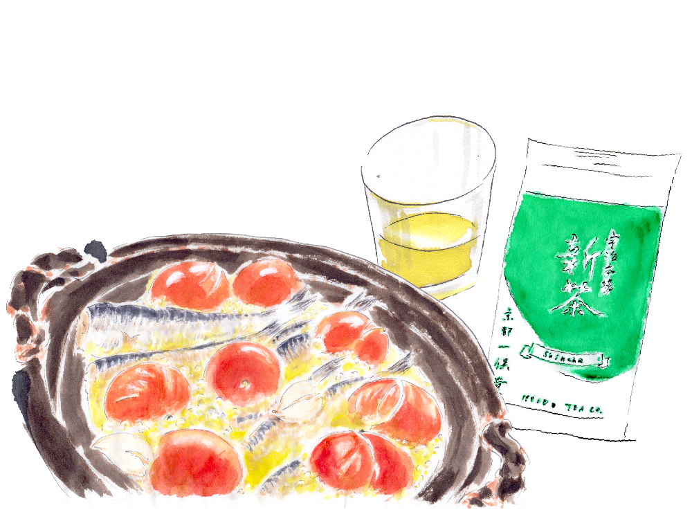 Sardines al ajillo with iced Shincha