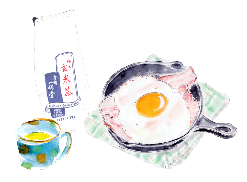 Bacon and eggs with Genmaicha